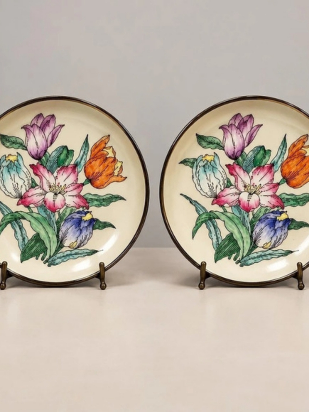 Vintage Horchow Porcelain & Brass Floral Bowl 7-3/4" Japan 1980’s Set Of Two